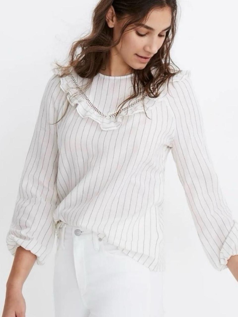 Madewell Ruffle-Yoke Prairie Top in Pinstripe Prairie Cottagecore Coastal Sz S